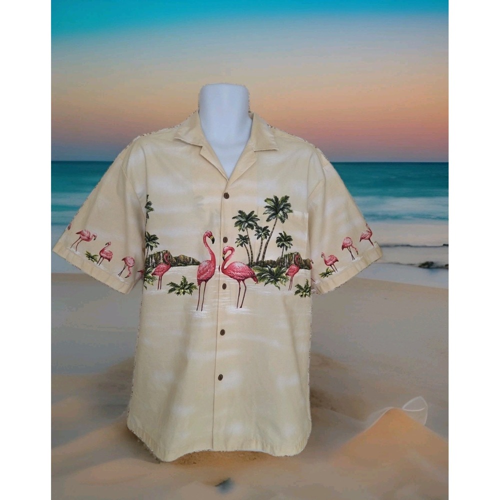Ky's Hawaiian‎ Shirt L Beige Flamingo Palm Tree Graphic Print Button Up Tropical